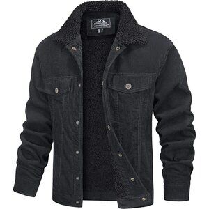 Mens Dark Grey Corduroy Jacket Sherpa Lined Warm Winter Trucker Cargo Coat